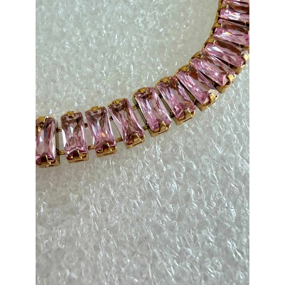 LinReve Gold Tone Stainless Steel Pink Baguette Cubic Zirconia Tennis Bracelet